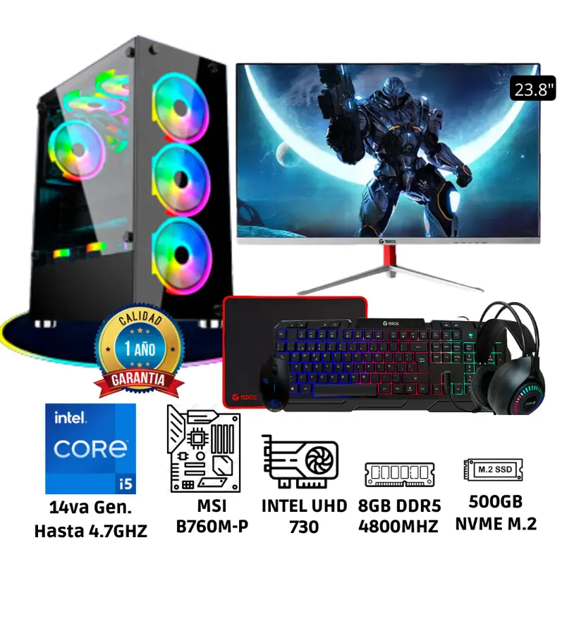 PC Intel Core i5 14va Gen Memoria RAM 8GB Sólido 500GB Monitor 23.8″ Full HD