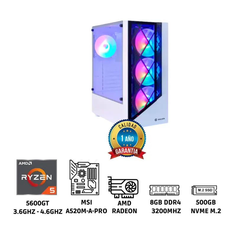 CPU AMD Ryzen 5 5600GT 3.6GHz/4.6GHz Memoria RAM 8GB DDR4 Sólido 500GB M.2