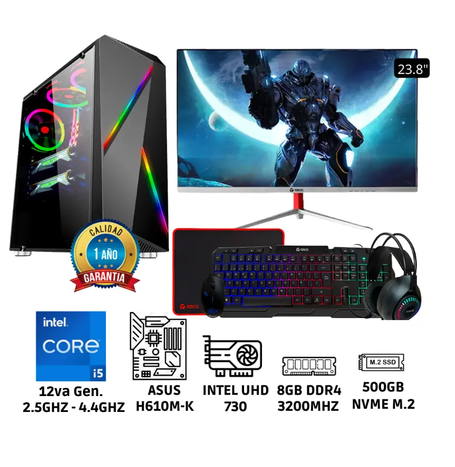 PC Intel Core i5 12va Gen Memoria RAM 8GB Sólido 500GB Kingston Monitor 23.8″ Full HD