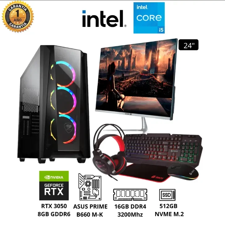 PC GAMER Intel Core i5 12va Gen. RAM 8GB SSD 256GB Video RTX 3050 8GB Monitor 24″