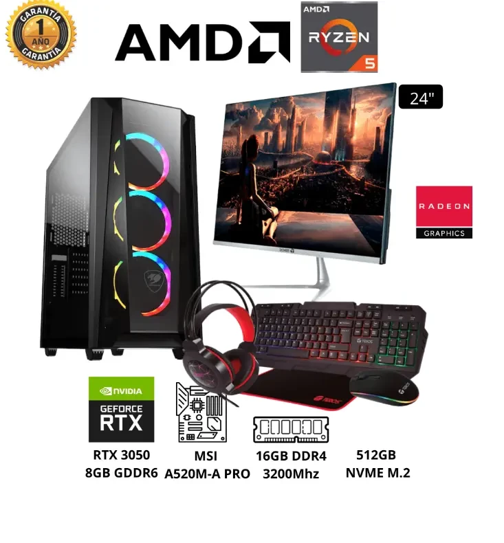 PC GAMER AMD Ryzen 5 5600G Memoria 16GB Sólido 512GB Video RTX 3050 8GB Monitor 24″