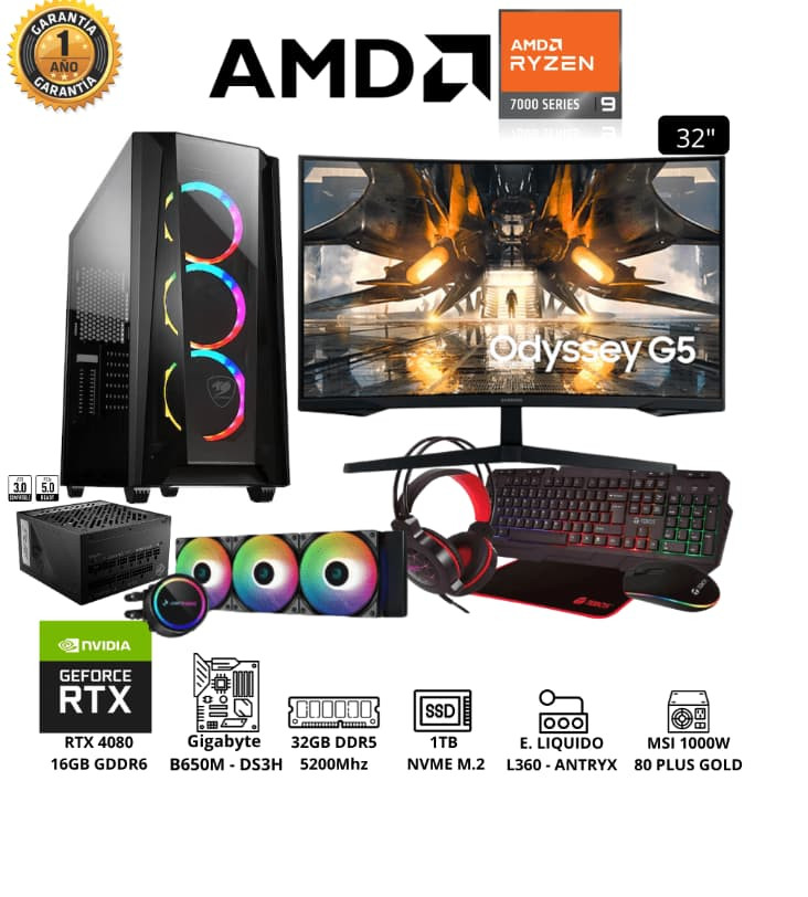 PC GAMER INFOTRON AMD Ryzen 9 7950X Memoria 32GB Sólido 1TB Video RTX 4080 16GB Monitor 32″