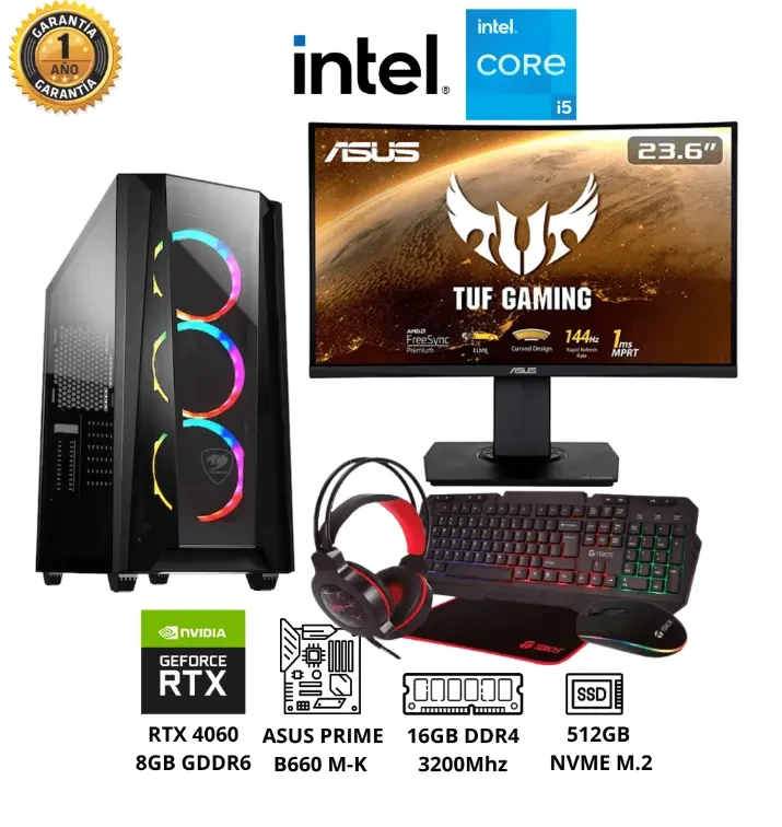 PC GAMER Intel Core i5 12ava Gen RAM 16GB SSD 500GB Video RTX 4060 8GB Monitor 24″ Full HD