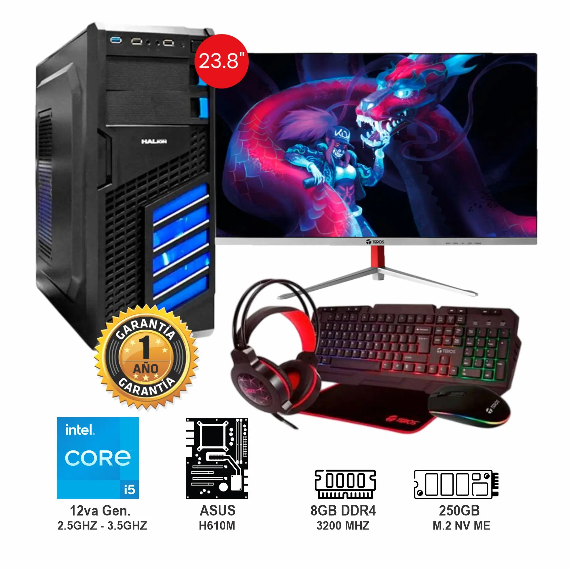 PC Intel Core I5-12va Gen. Memoria RAM 8GB Sólido 250GB Monitor curvo 23.8″ Full HD