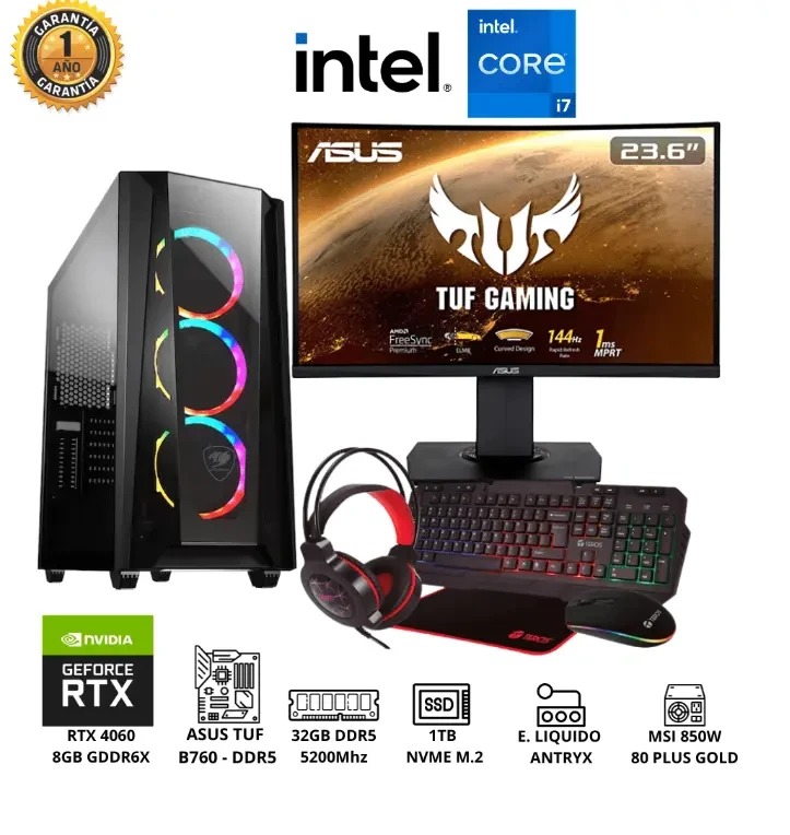 PC GAMER Intel Core i7 14ava Gen RAM 32GB SSD 1TB Video RTX 4060 8GB Monitor 24″ Full HD