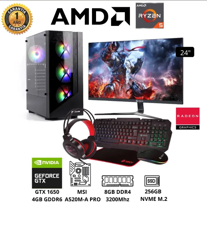 PC GAMER INFOTRON AMD Ryzen 5 5600G Memoria 8GB Sólido 256GB Video GTX 1650 4GB Monitor 24″