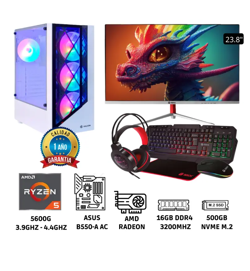 PC AMD RYZEN 5 5600G RAM 16GB Disco Sólido 512GB Monitor Curvo 23.8″ Full HD