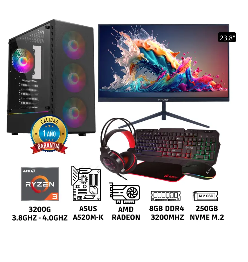 PC AMD Ryzen 3 3200G RAM 8GB SSD 250GB Kingston Monitor 23.8″ Full HD
