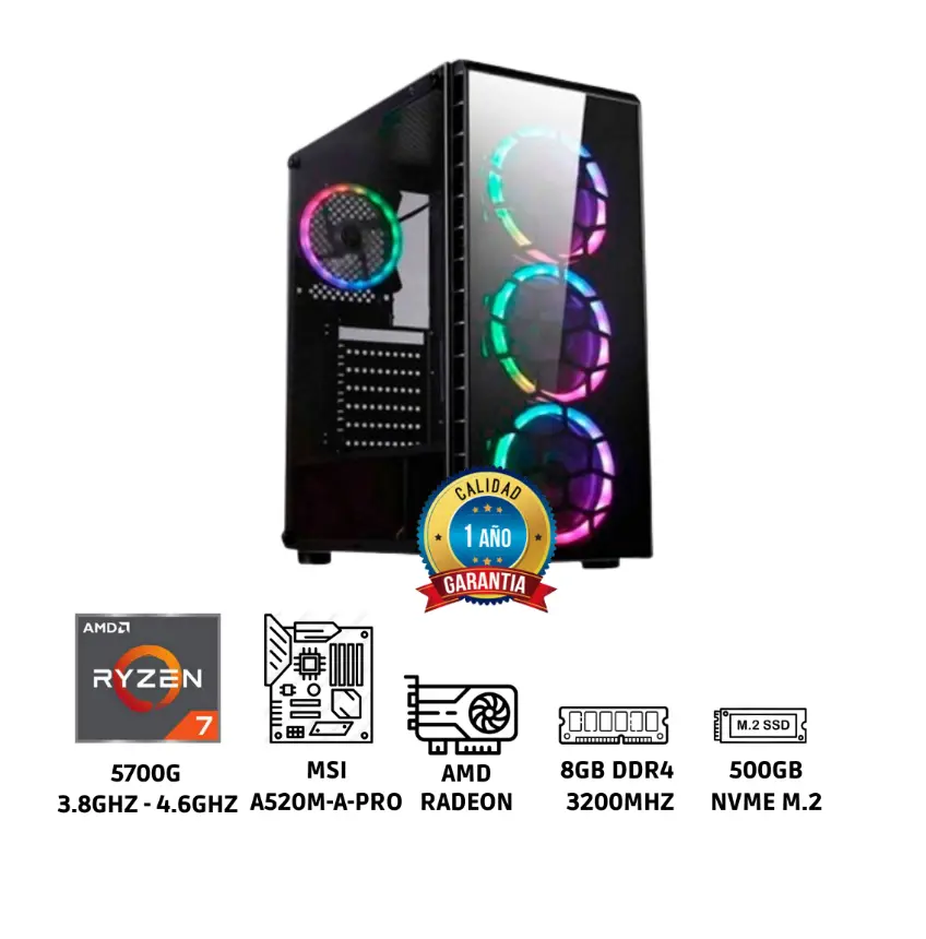 CPU AMD Ryzen 7 5700G 3.8GHz/4.6GHz Memoria RAM 8GB DDR4 Sólido 500GB M.2