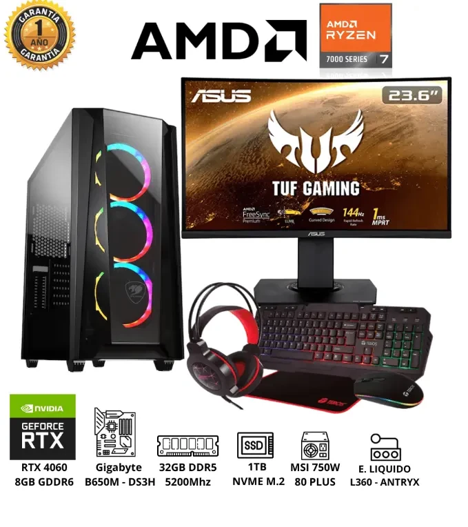 PC GAMER AMD Ryzen7 7700X RAM 32GB SSD 1TB Video RTX 4060 8GB Monitor 24″