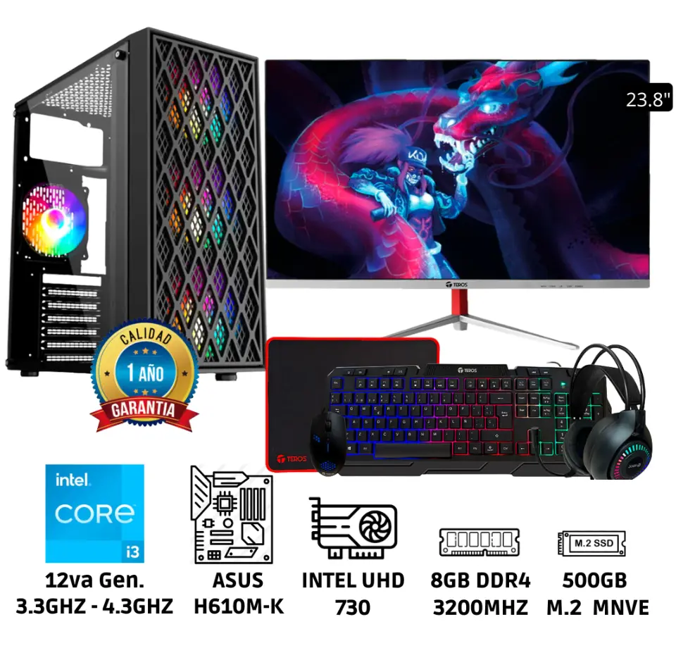 PC Intel Core i3 12va Gen Memoria RAM 8GB Sólido 500GB Monitor 23.8″ Full HD