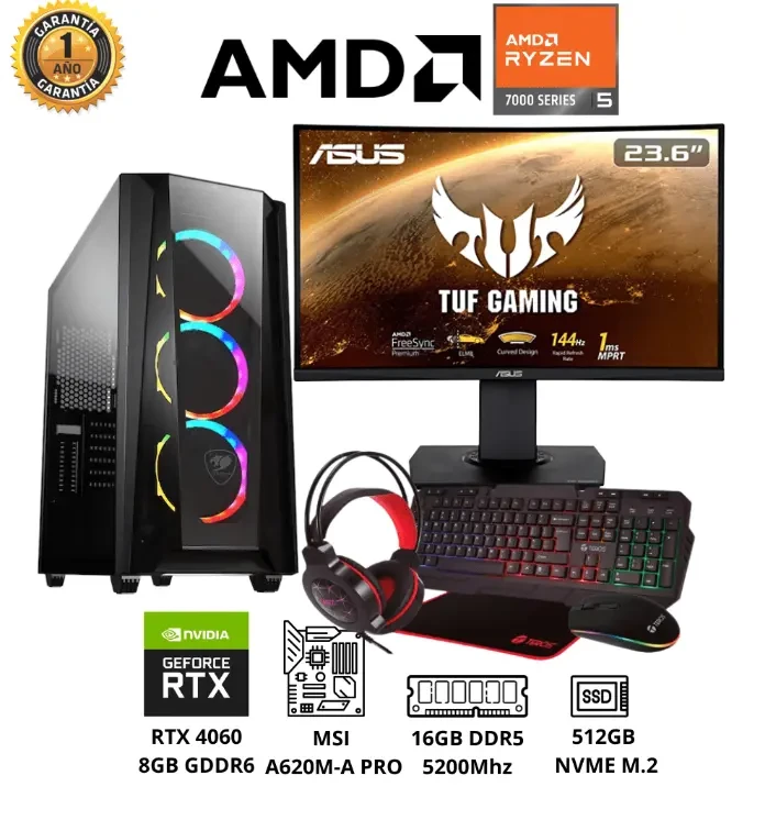 PC GAMER AMD Ryzen 5 7600 RAM 16GB SSD 512GB Video RTX 4060 8GB Monitor 24″