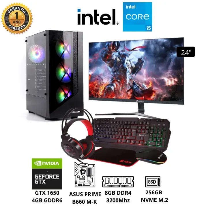 PC GAMER Intel Core i5 12va Gen RAM 8GB Sólido 256GB Video GTX 1650 4GB Monitor 24″
