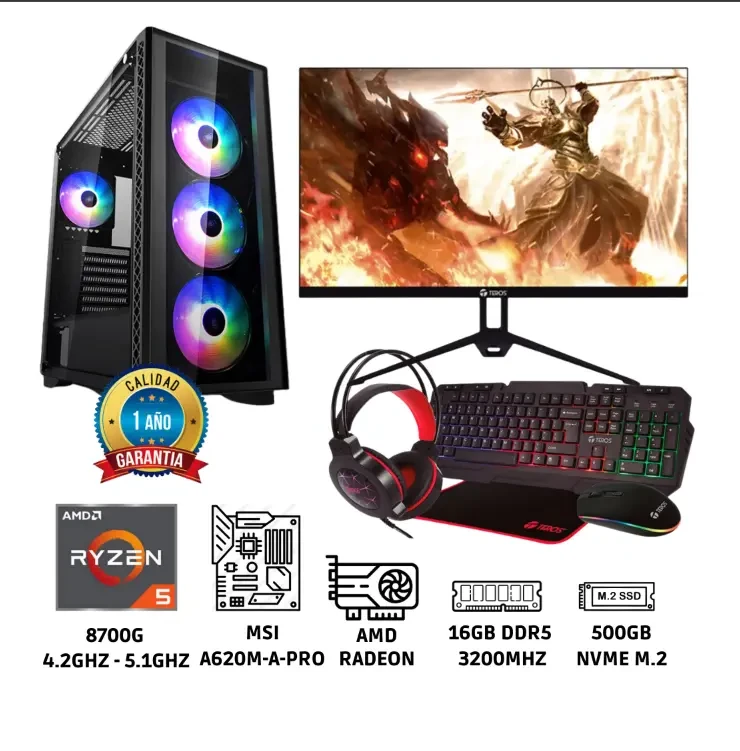 PC Gamer AMD Ryzen 5 8700G Memoria RAM 16GB SSD 1TB Kingston Monitor 23.8″ Full HD