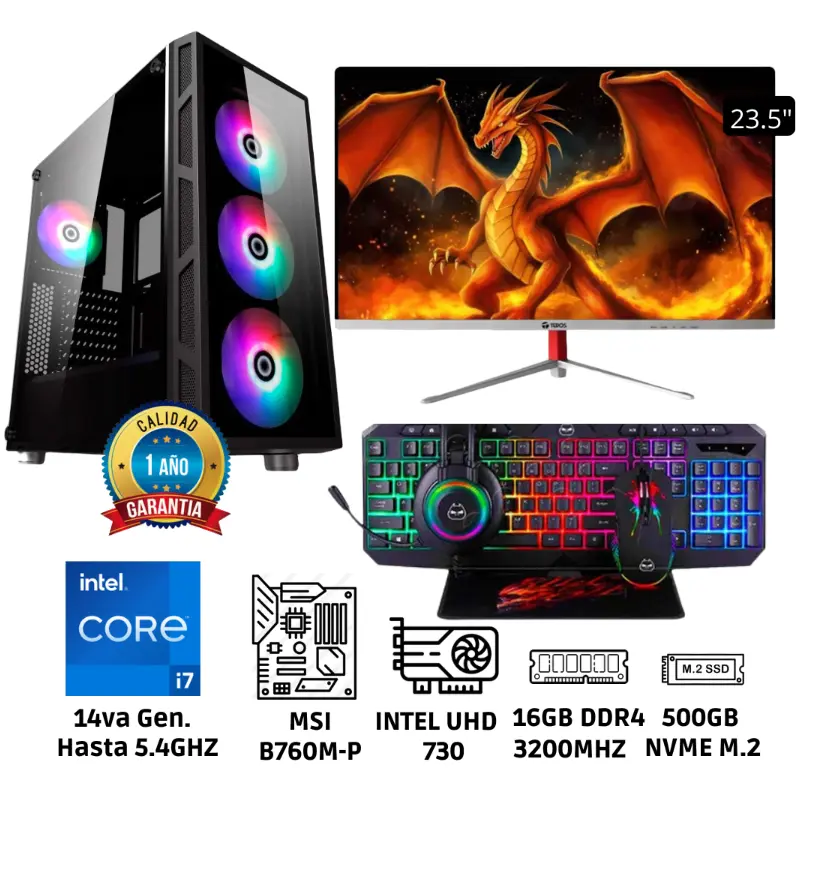 PC Intel Core i7 14va Gen Memoria RAM 16GB DDR5 Sólido 500GB Monitor Curvo 23.8″ Full HD