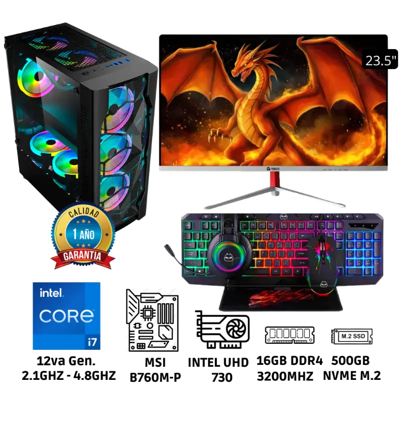 PC Intel Core i7 12va Gen Memoria RAM 16GB Sólido 500GB Monitor 23.8″ Full HD